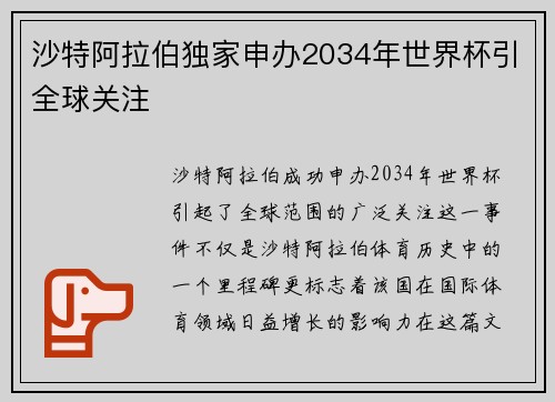 沙特阿拉伯独家申办2034年世界杯引全球关注
